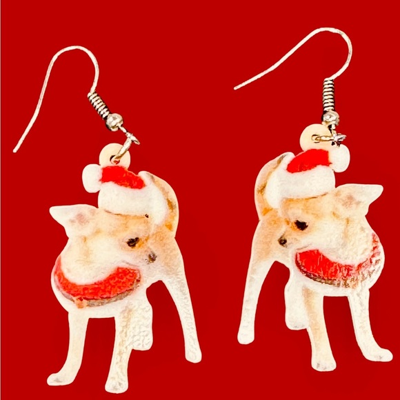 Jewelry - Lightweight Festive Chihuahua Dog Earrings with Santa Hats - Never Worn